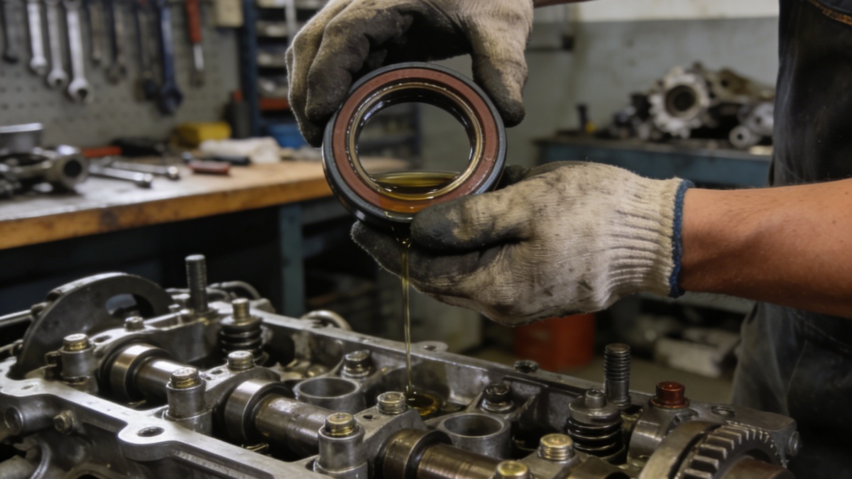 a mechanic inspecting an engine oil seal during maintenance